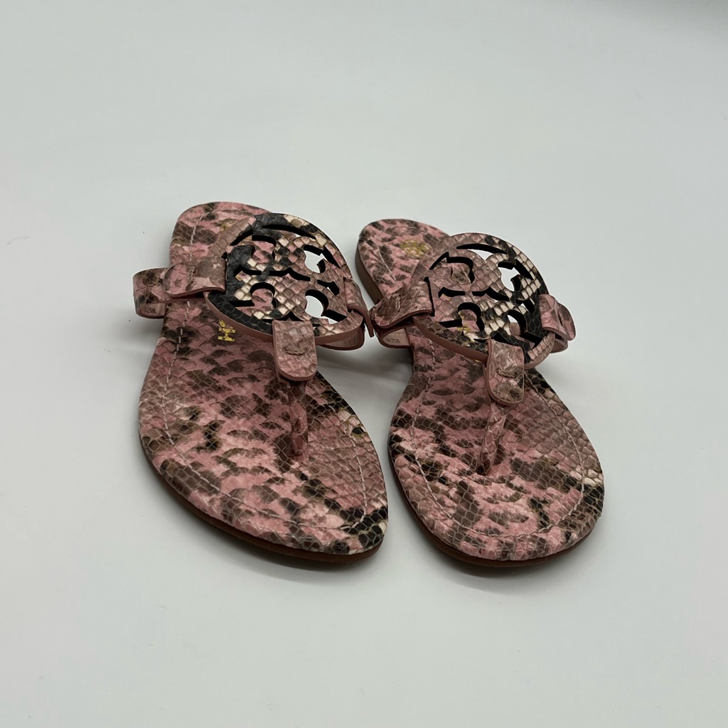 Tory Burch Miller Women’s Size 5m Rose Pink Snake Print Leather Casual Sandals.